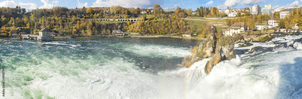 Panorama of Rheinfall in Autumn, the biggest waterfall in Europe
