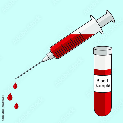 medical syringe with needle filled with blood drops and test tube with blood sample simple flat style icon concept of medical tests, injection, isolated vector illustration