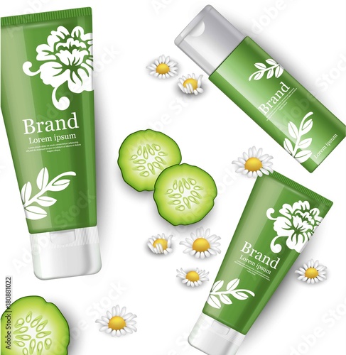Cucumber and chamomile cosmetics mock up packaging. Brand label design Vector realistic illustrations