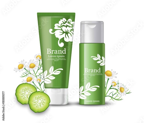 Cucumber and chamomile cosmetics mock up packaging. Brand label design Vector realistic illustrations