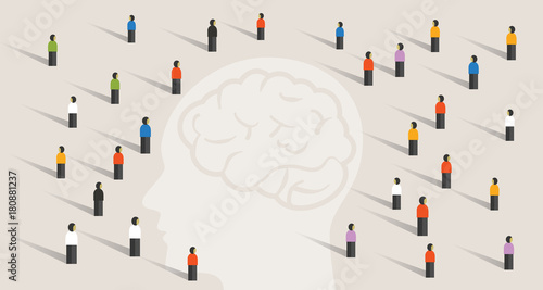 crowd many people group with large head mind thinking together. intelligence wisdom brain health care memory disease