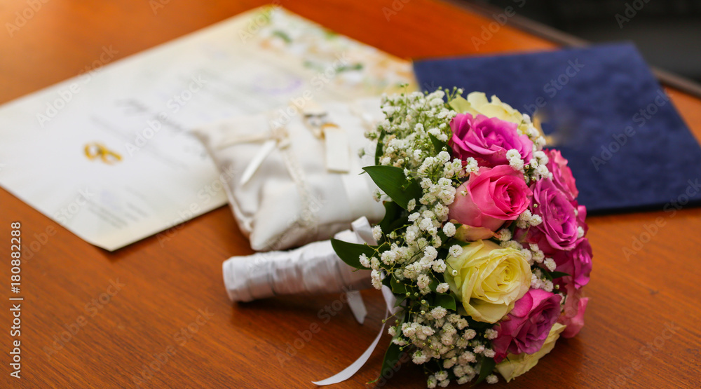 Obraz premium Wedding day, flower bouquet, and silk pillows for weddings