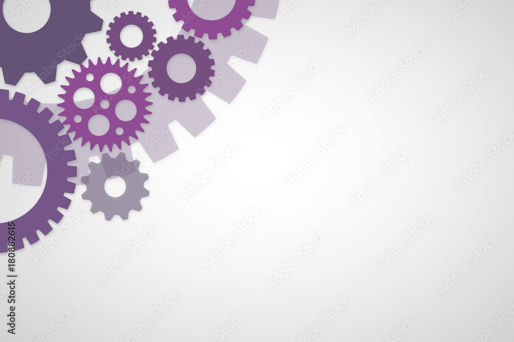 Purple gears template on white background for construction design or process concept.