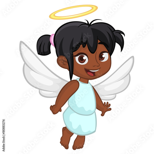 Cute happy girl afro-american girl angel character with white wings flying. Vector illustration isolated