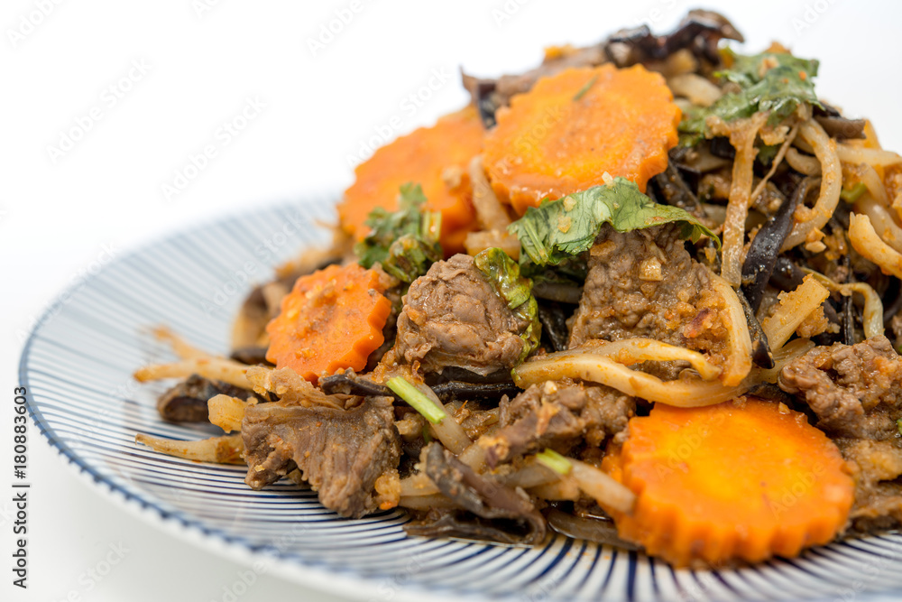 fried beef noodle food on the table fried beef noodle food on the table