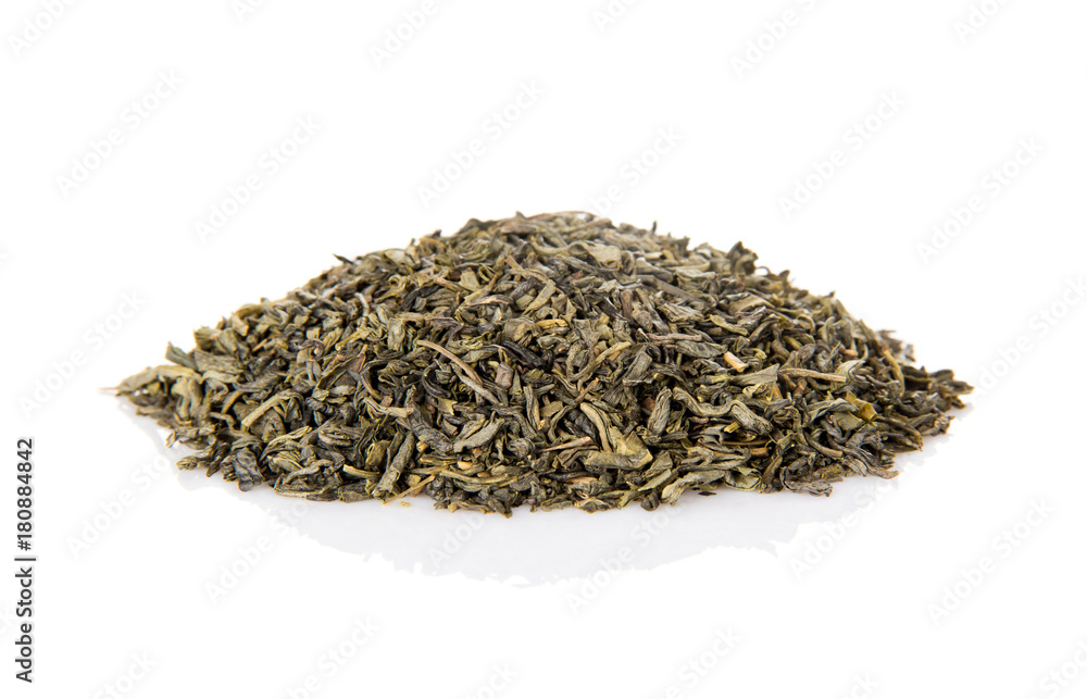 Fragrant pile of dry green tea isolated on white Fragrant pile of dry green tea isolated on white