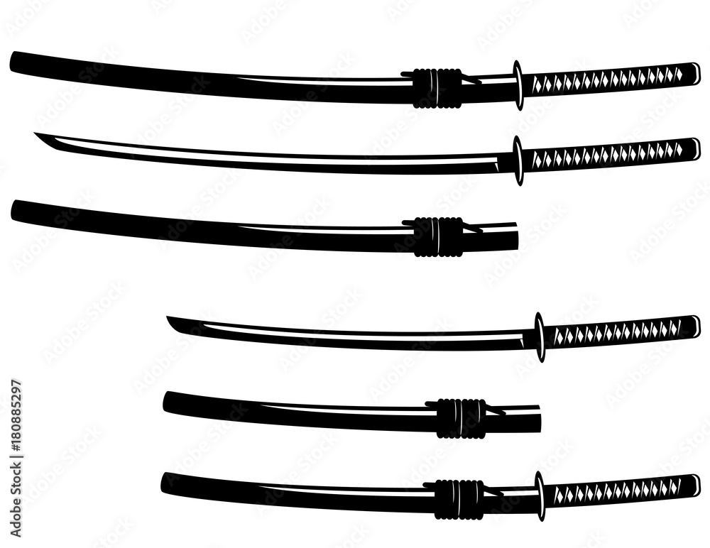 katana and wakizashi swords - black and white vector design set of  traditional Japanese weapon vector de Stock | Adobe Stock