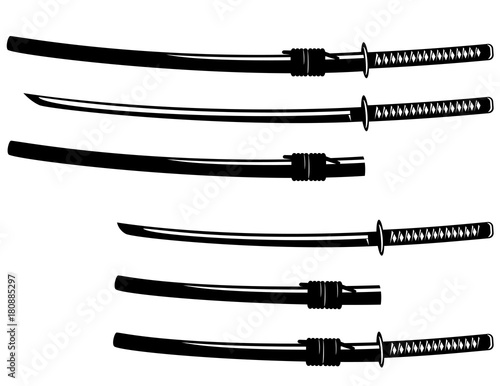katana and wakizashi swords - black and white vector design set of traditional Japanese weapon
