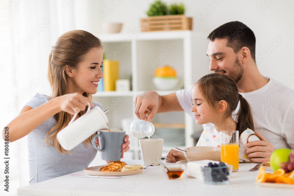 happy family having breakfast at home