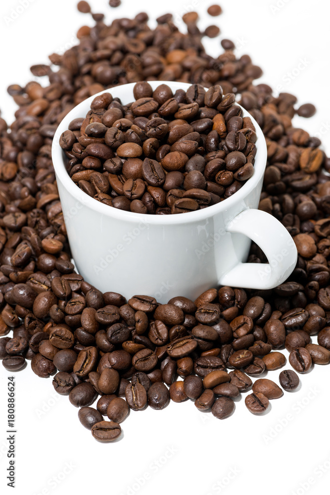 cup with coffee beans on white background, vertical cup with coffee beans on white background, vertical