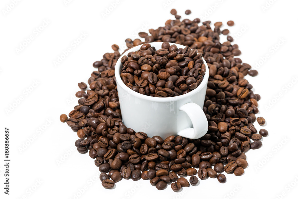 cup with coffee beans on white background cup with coffee beans on white background