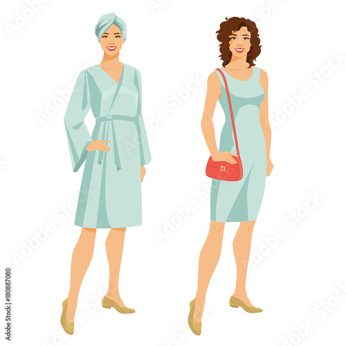 Vector illustration of a young girl in a towel and bathrobe