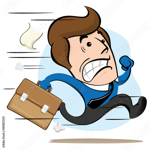 Illustration of a mascot manager, executive, running with a briefcase in hand fleeing or delaying. Ideal for training, internal and institutional matters