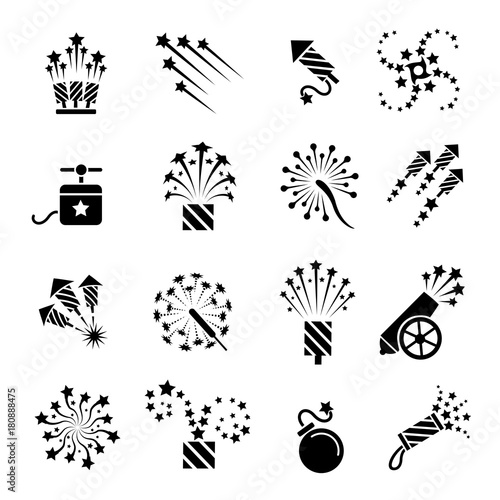 Pyrotechnic icons. Festival celebration sparkle burst, fun dynamite and firework star explosion signs, vector illustration