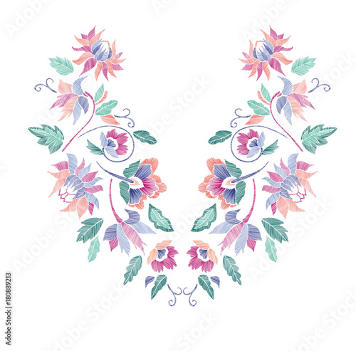 Floral pattern , neck line designs. Vector illustration hand drawn. Fantasy flowers embroidery pattern...