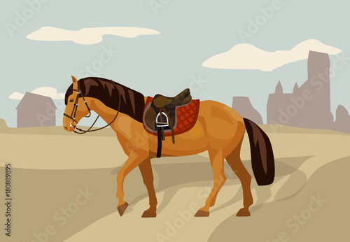 saddled horse in country landscape