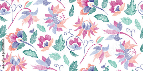 Floral seamless background pattern with fantasy flowers and leaves Line art. Embroidery flowers. Vector illustration..