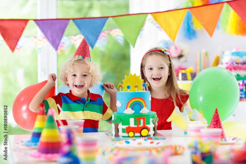 Fototapeta premium Kids party. Birthday cake with candles for child.
