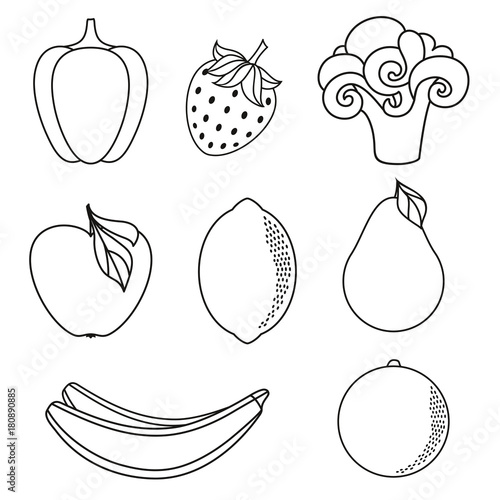 vector flat sketch fresh ripe fruits, vegetables set. Apple, lime bellpepper apple, watermelon pear, orange strawberry banana, broccoli monochrome versions. Isolated illustration for coloring book
