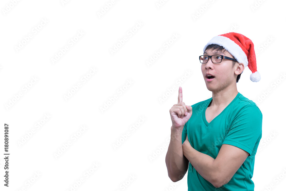 Asian Santa Claus man with eyeglasses and green shirt has seriuosly thinking for new idea and success isolated on white background with copy space. Asian Santa Claus man with eyeglasses and green shirt has seriuosly thinking for new idea and success isolated on white background with copy space.