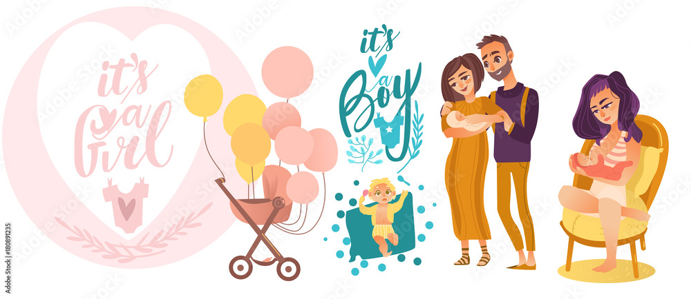 vector flat cartoon newborn baby symbols set. Couple with baby, nursing, breast feeding mother, stroller with air balloons and boy and girl toddlers. Isolated illustration on a white background.