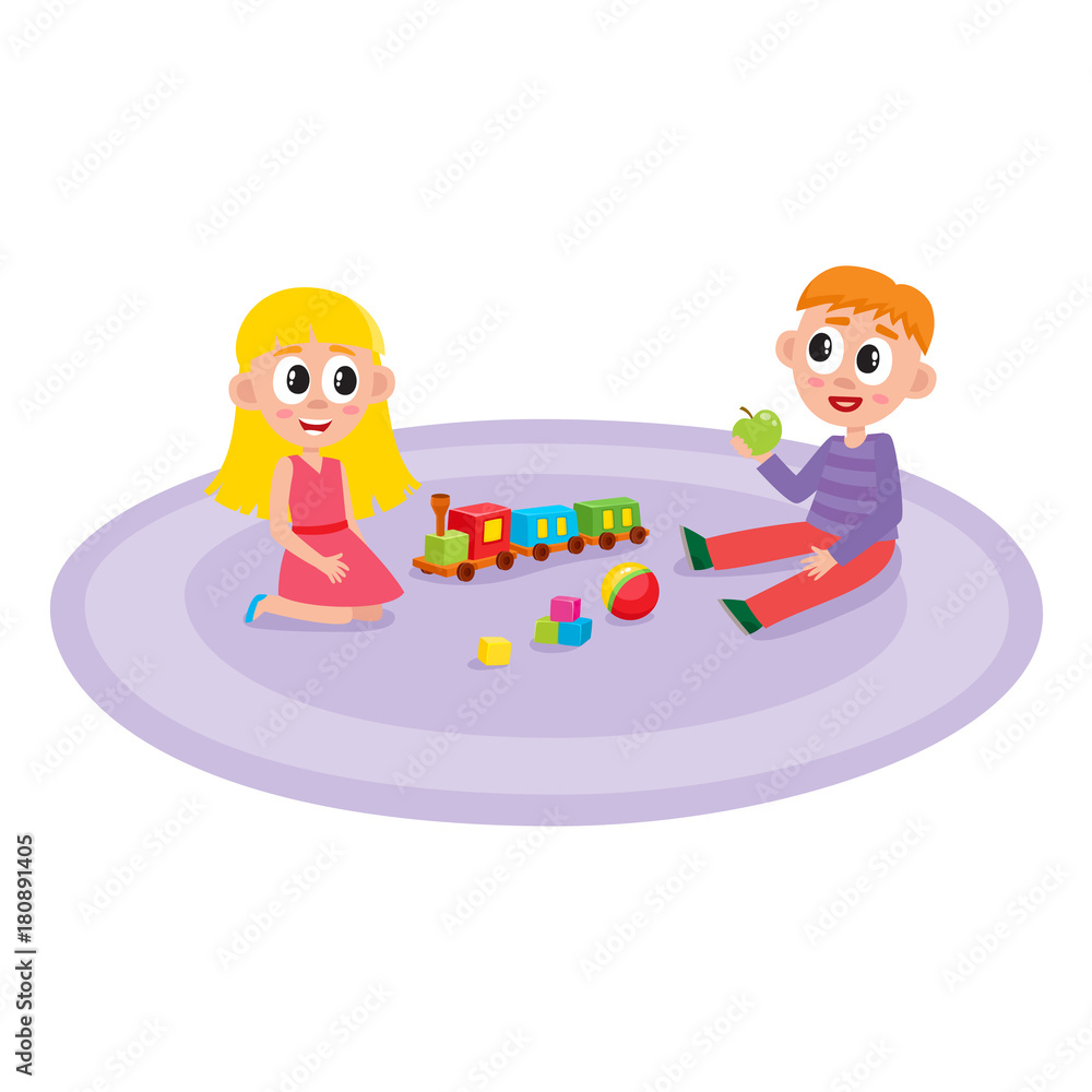 vector flat boy and girl sitting at carpet playing with train, cubics toys and ball smiling at preschool class . Isolated illustration on a white background. Kindergarten concept vector flat boy and girl sitting at carpet playing with train, cubics toys and ball smiling at preschool class . Isolated illustration on a white background. Kindergarten concept