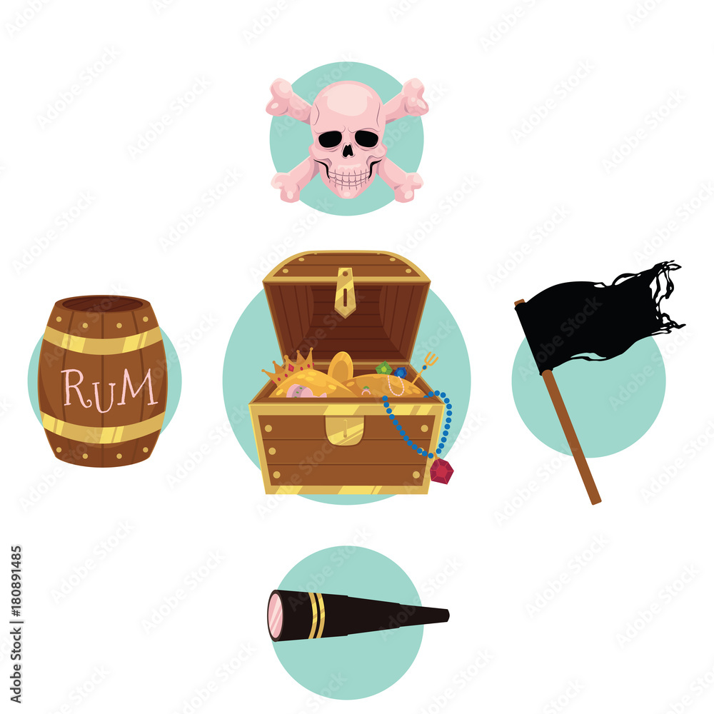 Flat style pirate set treasure chest, jolly Roger flag, rum barrel