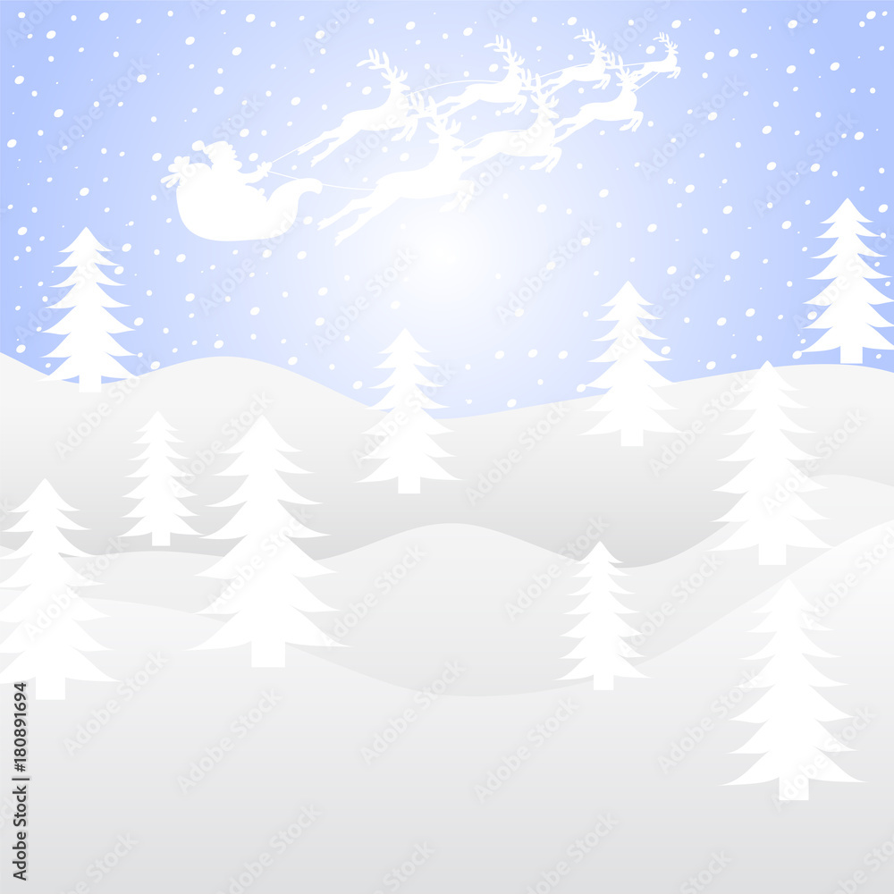 Christmas background. Santa on a sleigh team with deer