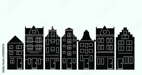 Vector illustration of various Dutch houses. Amsterdam street silhouettes.