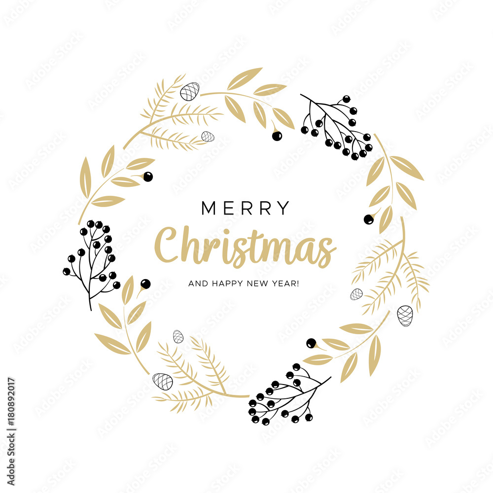 Fototapeta Christmas wreath with black and gold branches and pine cones. Unique design for your greeting cards, banners, flyers. Vector illustration in modern style.