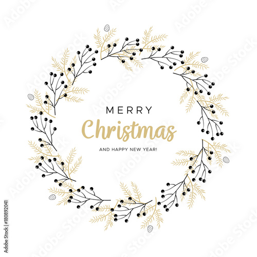 Christmas wreath with black and gold branches and pine cones. Unique design for your greeting cards, banners, flyers. Vector illustration in modern style.