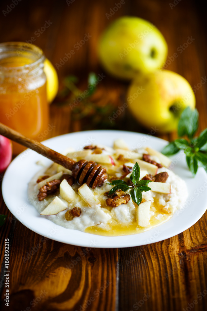 sweet milk oatmeal with apples, nuts and honey
