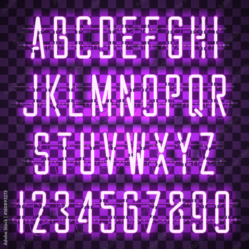 Glowing Purple Neon Casual Script Font with uppercase letters from A to Z and digits from 0 to 9 with wires, tubes, brackets and holders. Shining and glowing neon effect. Vector illustration. Glowing Purple Neon Casual Script Font with uppercase letters from A to Z and digits from 0 to 9 with wires, tubes, brackets and holders. Shining and glowing neon effect. Vector illustration.