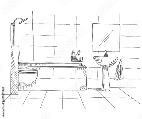 Hand drawn sketch. Linear sketch of an interior. Part of the bathroom. Vector illustration