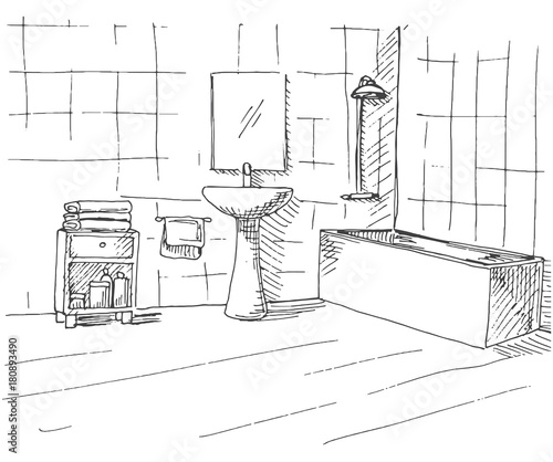 Hand drawn sketch. Linear sketch of an interior. Part of the bathroom. Vector illustration