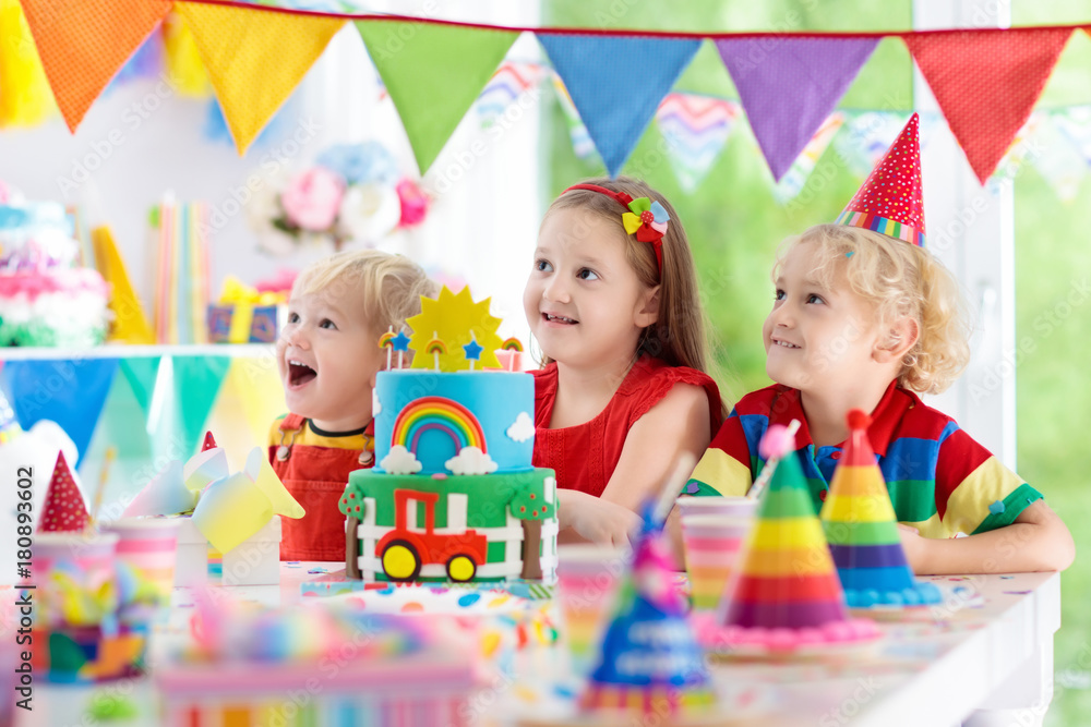 Fototapeta premium Kids party. Birthday cake with candles for child.