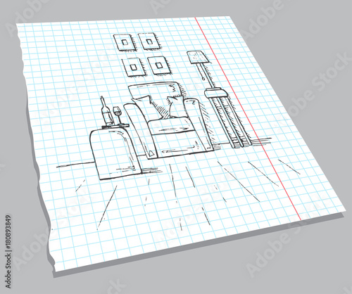 Hand drawn sketch of the interior on a notebook sheet. Armchair, coffee table with a glass and bottle. Lamp on a high stool. Hand drawn vector illustration of a sketch style.