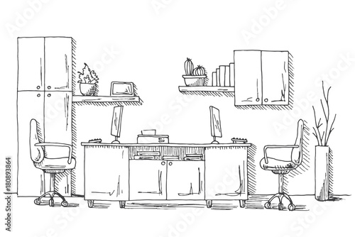 Open Space office. Workplaces outdoors. Tables, chairs. Vector illustration in a sketch style.