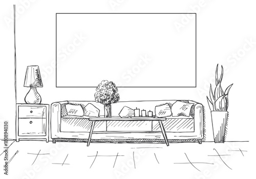 Linear sketch of an interior. Frame on the wall for Fitting Your information. Hand drawn vector illustration of a sketch style.
