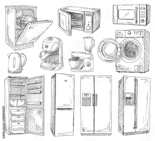 Hand drawn set of different household appliances. Vector illustration of a sketch style.
