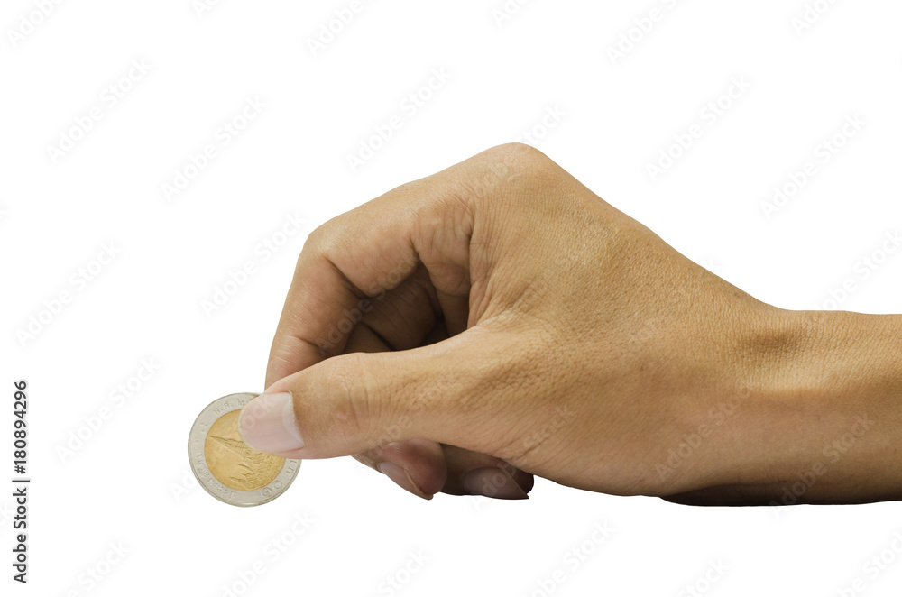 hand man holding coin to saving concept isolated on white background with clipping path. hand man holding coin to saving concept isolated on white background with clipping path.
