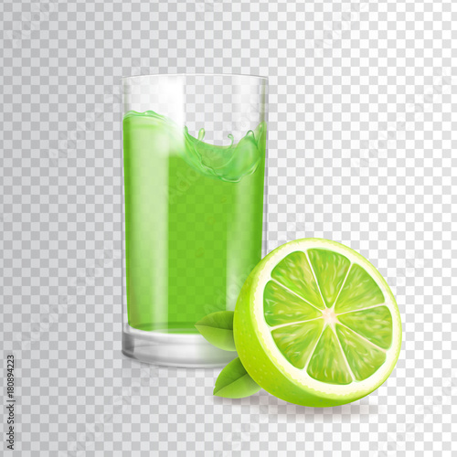 Shiny glass of lime juice in glass. Vector mojito cocktail realistic illustration