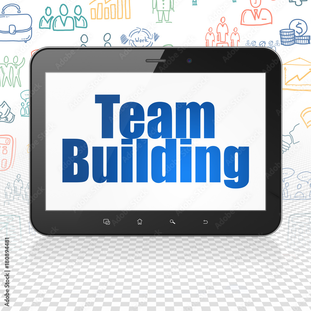 Finance concept: Tablet Computer with blue text Team Building on display, Hand Drawn Business Icons background, 3D rendering Finance concept: Tablet Computer with blue text Team Building on display, Hand Drawn Business Icons background, 3D rendering