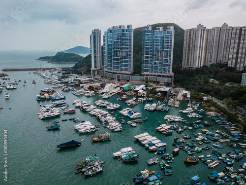 Canvas Print Aerial Top View Boat in The Aberdeen Bay, Famous Floating Village in Hong Kong
