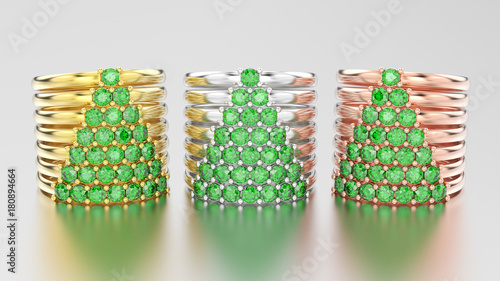 Fototapeta Naklejka Na Ścianę i Meble -  3D illustration three different gold decorative diamond rings with green emerald diamonds in the form of a сhristmas tree