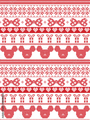 Seamless Merry Christmas Scandinavian fabric style, inspired by Norwegian Christmas, festive winter pattern in cross stitch with mouse, bow, gift, star, snowflake,  heart, decorative ornaments in whit