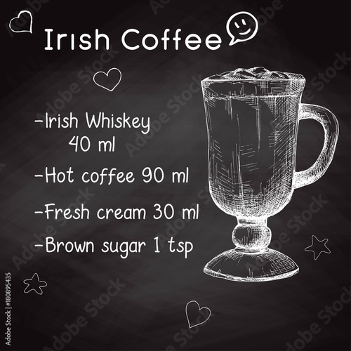 Simple recipe for an alcoholic cocktail Irish Coffee. Drawing chalk on a blackboard. Vector illustration of a sketch style.