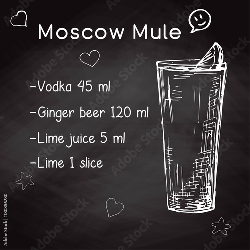 Simple recipe for an alcoholic cocktail Moscow Mule. Drawing chalk on a blackboard. Vector illustration of a sketch style.