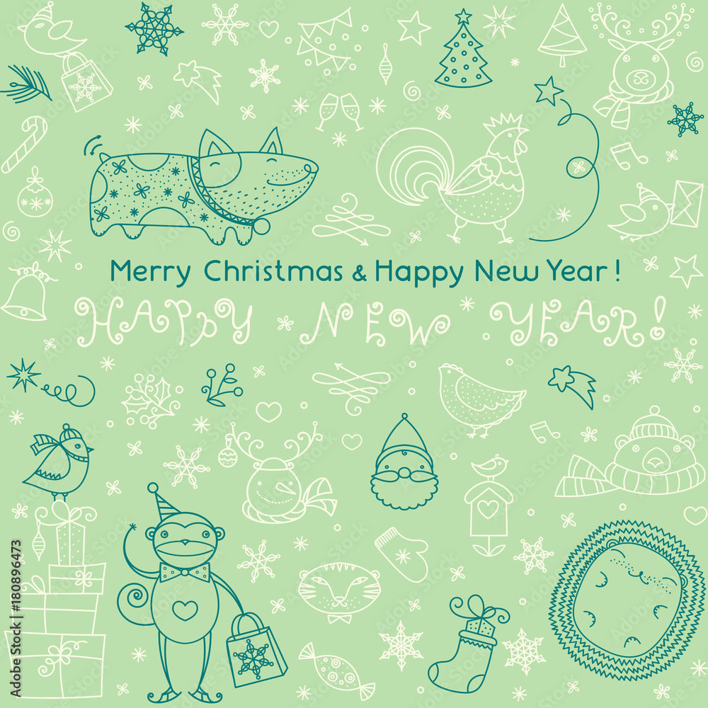 Vector merry christmas greeting sign with different new year celebration elements. Easy and clean to edit. Linear doodle illustration for social web stickers, t-shirts, banners and card designs.