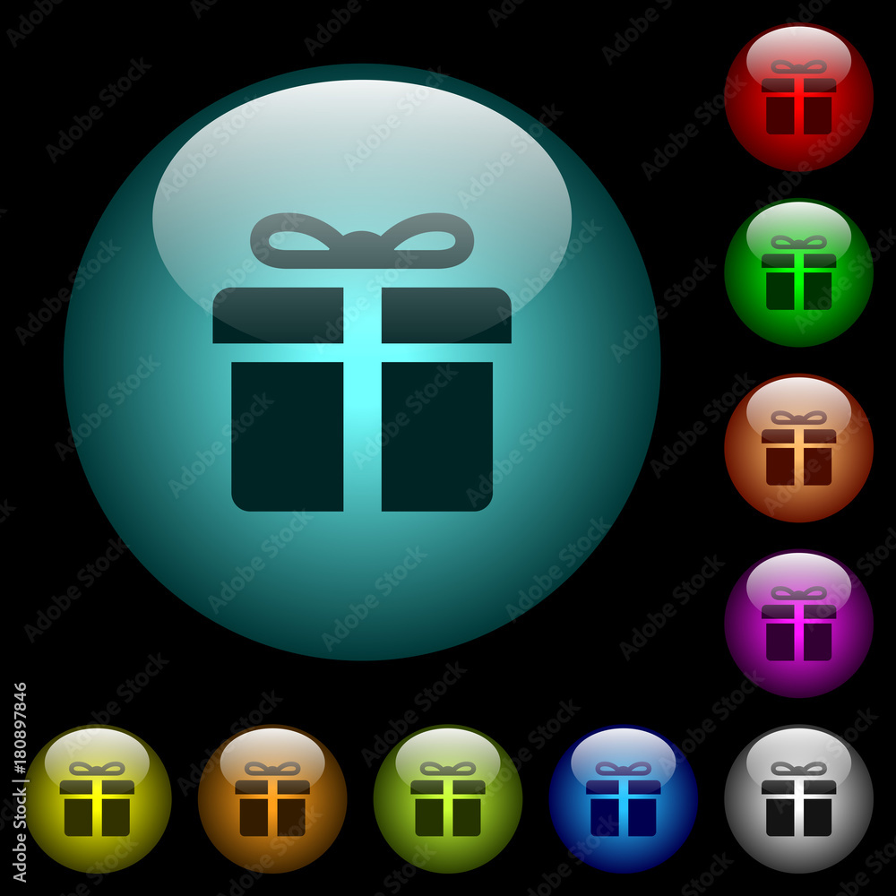 Gift box icons in color illuminated glass buttons Gift box icons in color illuminated glass buttons